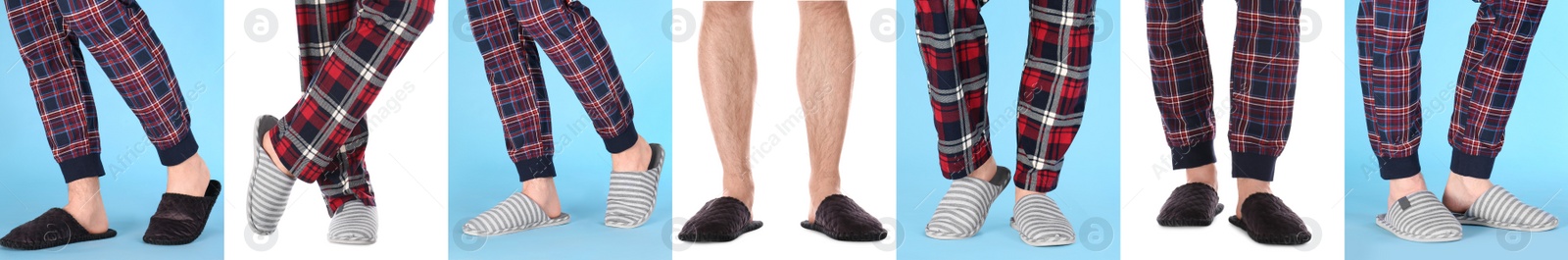 Collage with photos of men wearing stylish slippers on different color backgrounds, closeup. Banner design Image of Collage with photos of men wearing stylish slippers on different color backgrounds, closeup. Banner design