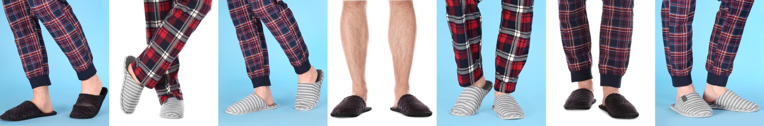 Image of Collage with photos of men wearing stylish slippers on different color backgrounds, closeup. Banner design