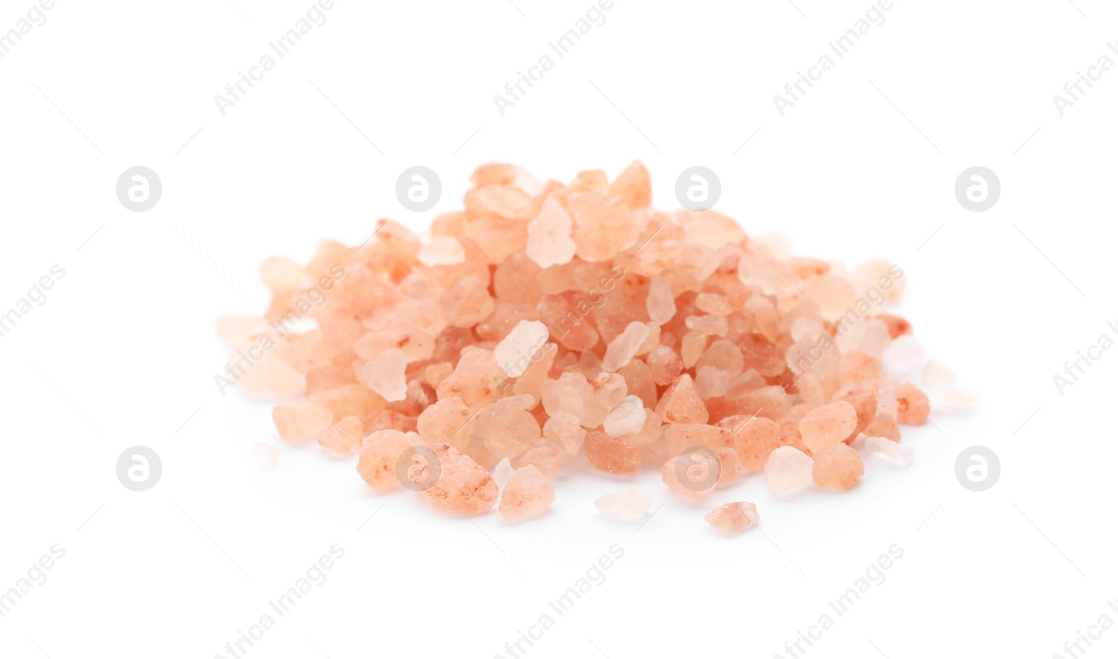 Photo of Pile of pink himalayan salt isolated on white