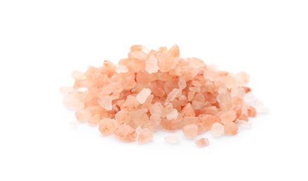 Photo of Pile of pink himalayan salt isolated on white