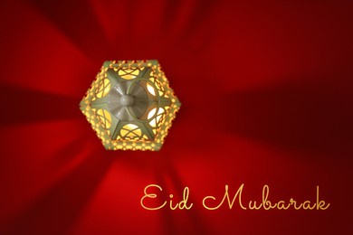 Image of Eid Mubarak greeting card. Arabic lantern on red background, top view