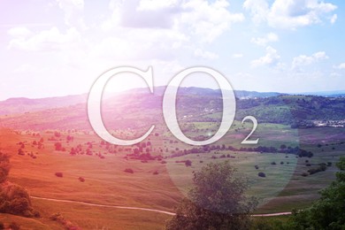 Image of Concept of clear air. CO2 inscription and beautiful landscape on background
