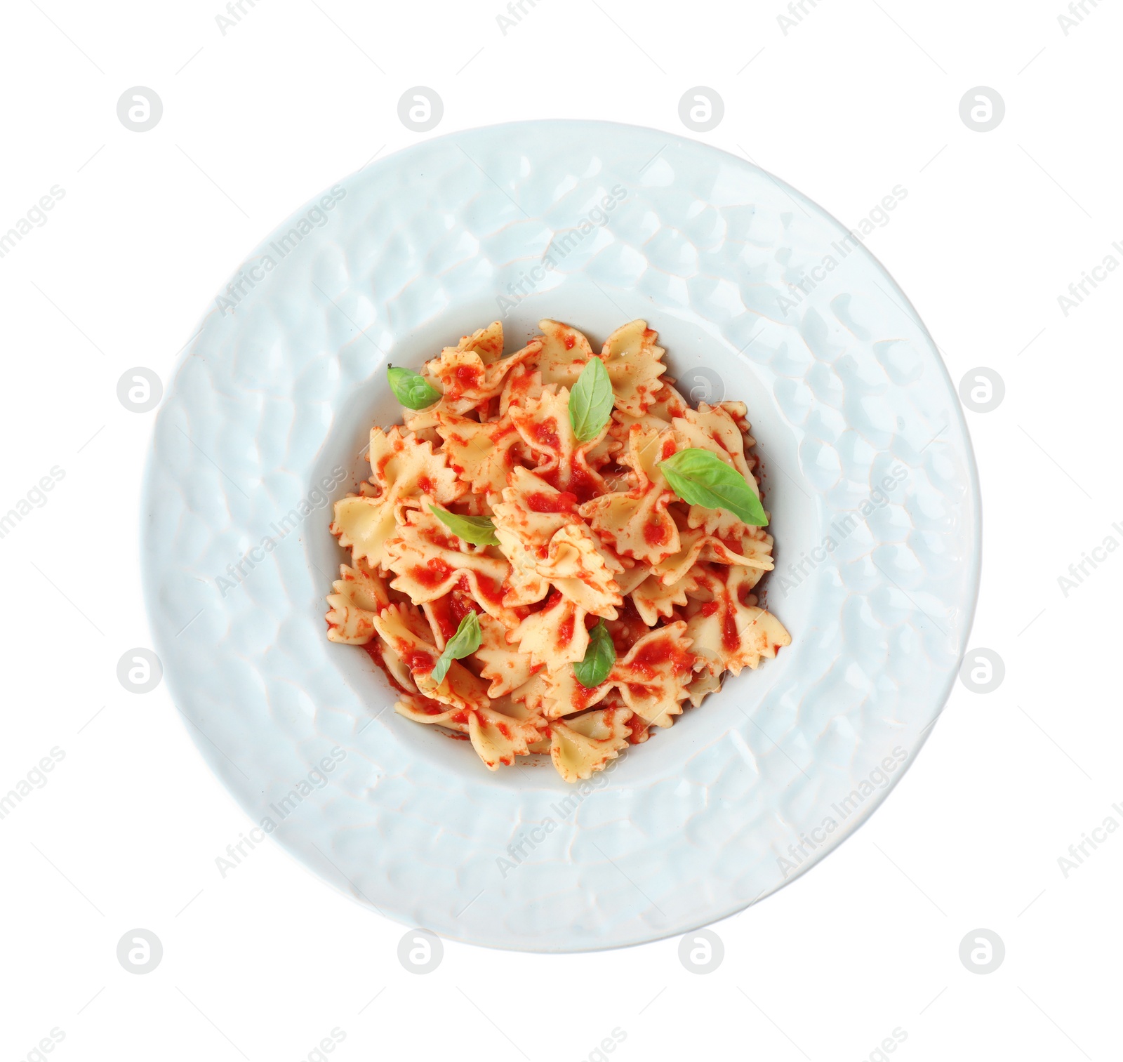 Photo of Tasty pasta with tomato sauce and basil isolated on white, top view