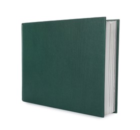 Closed book with green hard cover isolated on white