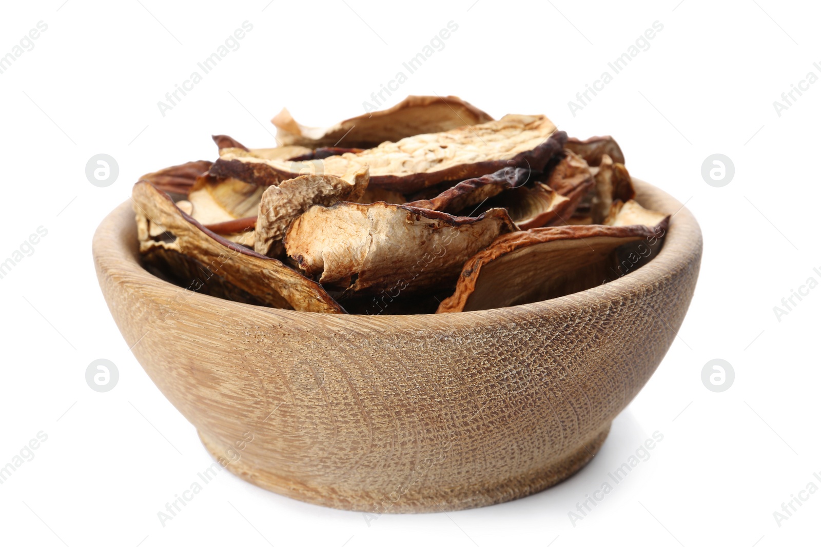 Photo of Bowl of dried mushrooms isolated on white