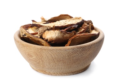 Bowl of dried mushrooms isolated on white