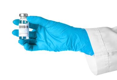 Photo of Doctor holding vial with vaccine against Covid-19 on white background, closeup