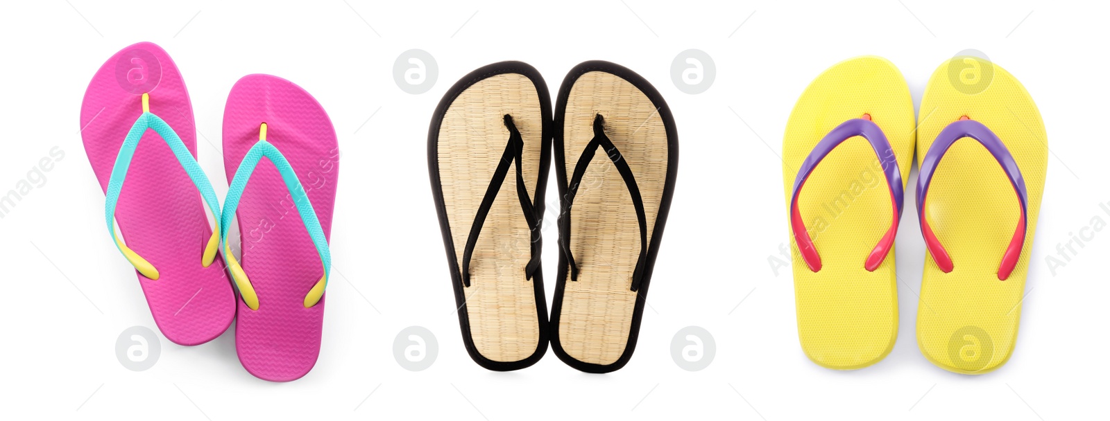 Image of Set with pairs of stylish flip flops on white background, top view. Banner design