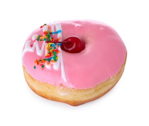 Photo of Tasty glazed donut decorated with sprinkles and cherry isolated on white