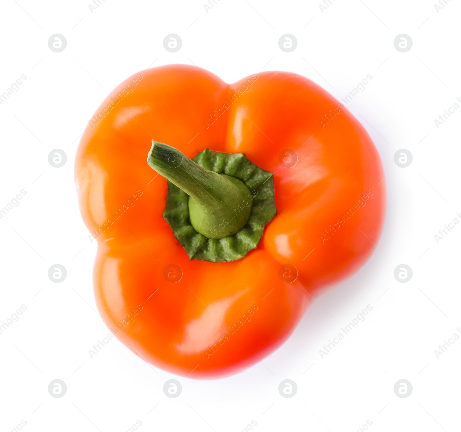 Photo of Ripe orange bell pepper isolated on white, top view