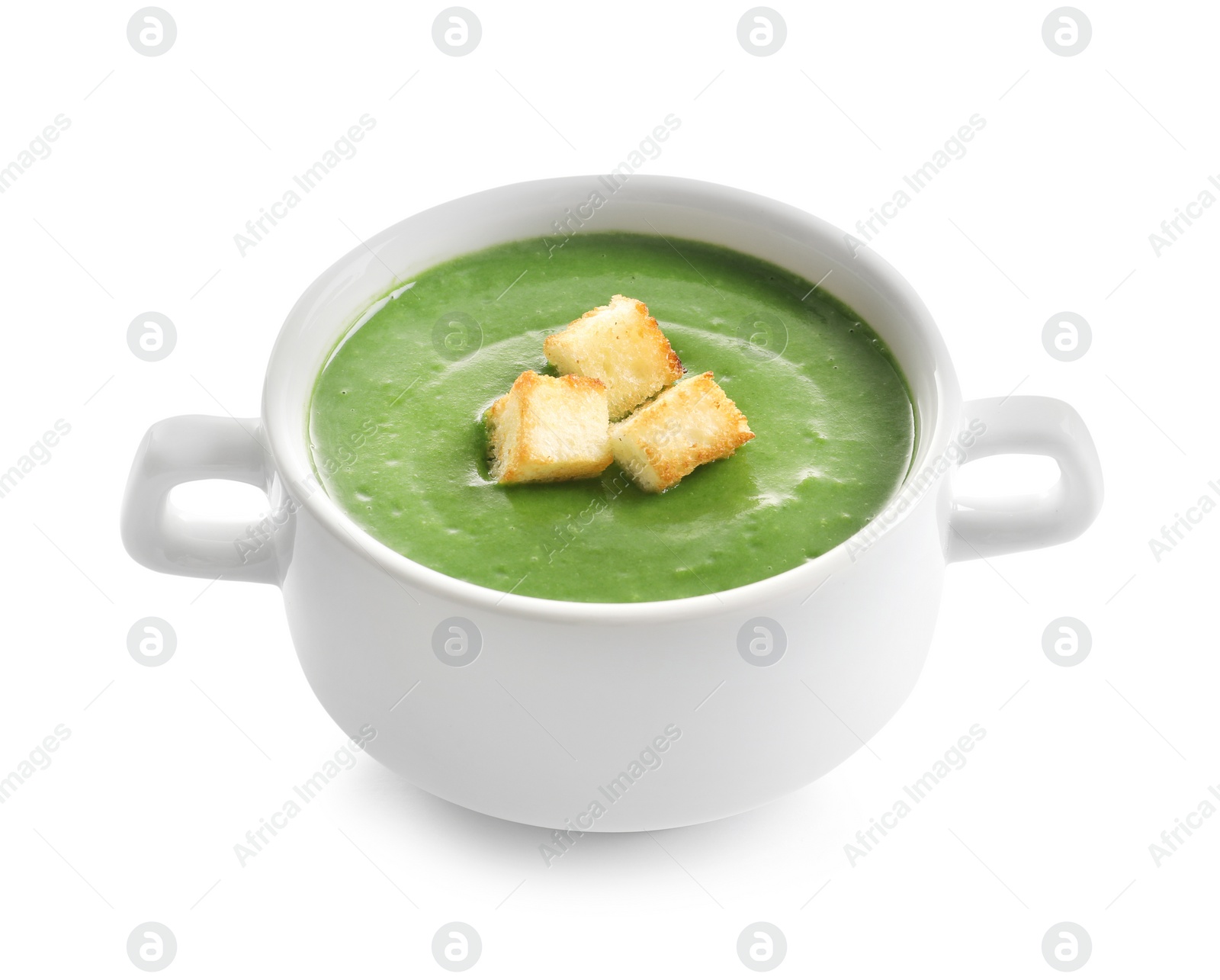 Photo of Fresh vegetable detox soup with croutons in dish on white background