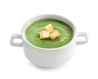 Photo of Fresh vegetable detox soup with croutons in dish on white background