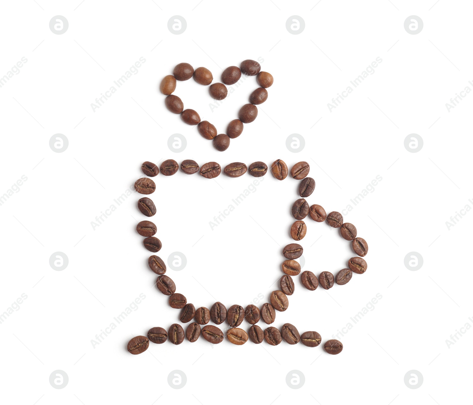 Photo of Cup of hot drink, composition made with coffee beans isolated on white, top view