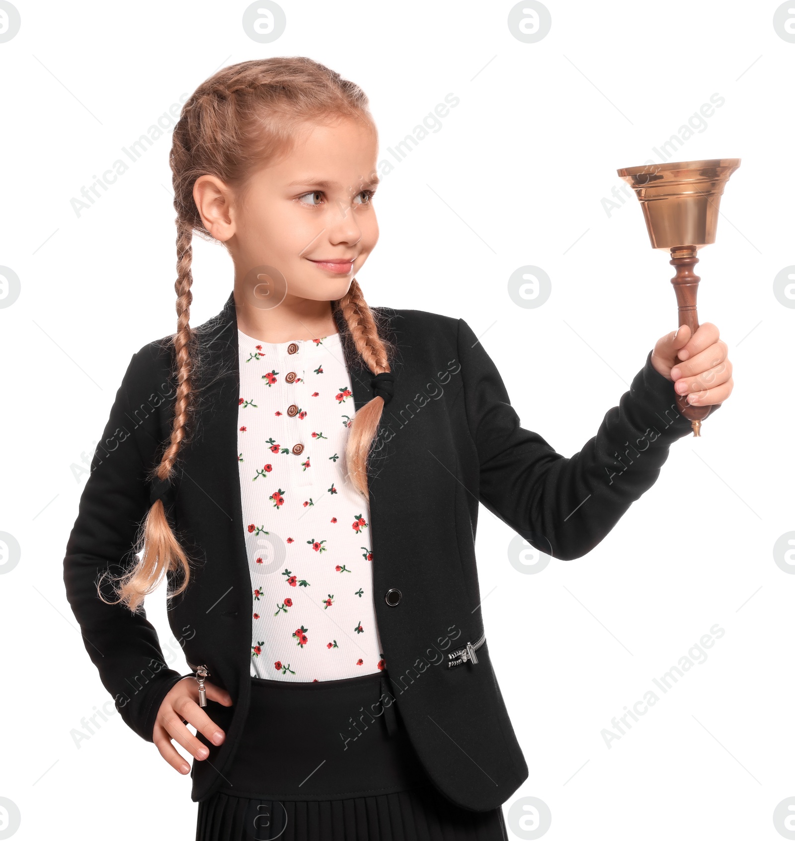 Photo of Pupil with school bell on white background