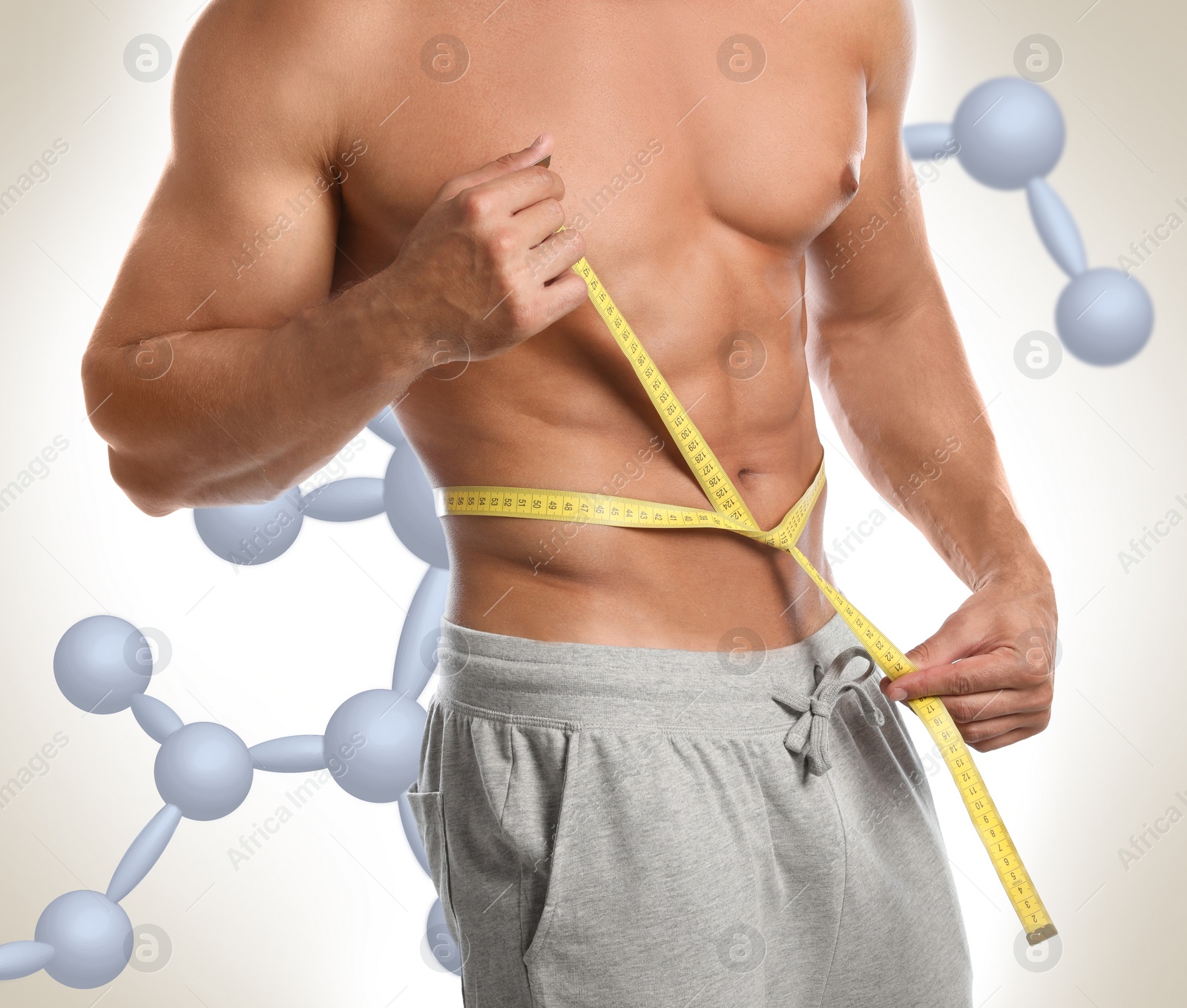 Image of Metabolism concept. Man with slim body and molecular chains on light background, closeup