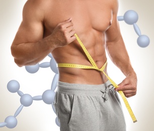 Image of Metabolism concept. Man with slim body and molecular chains on light background, closeup