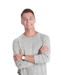 Portrait of handsome young man smiling on white background