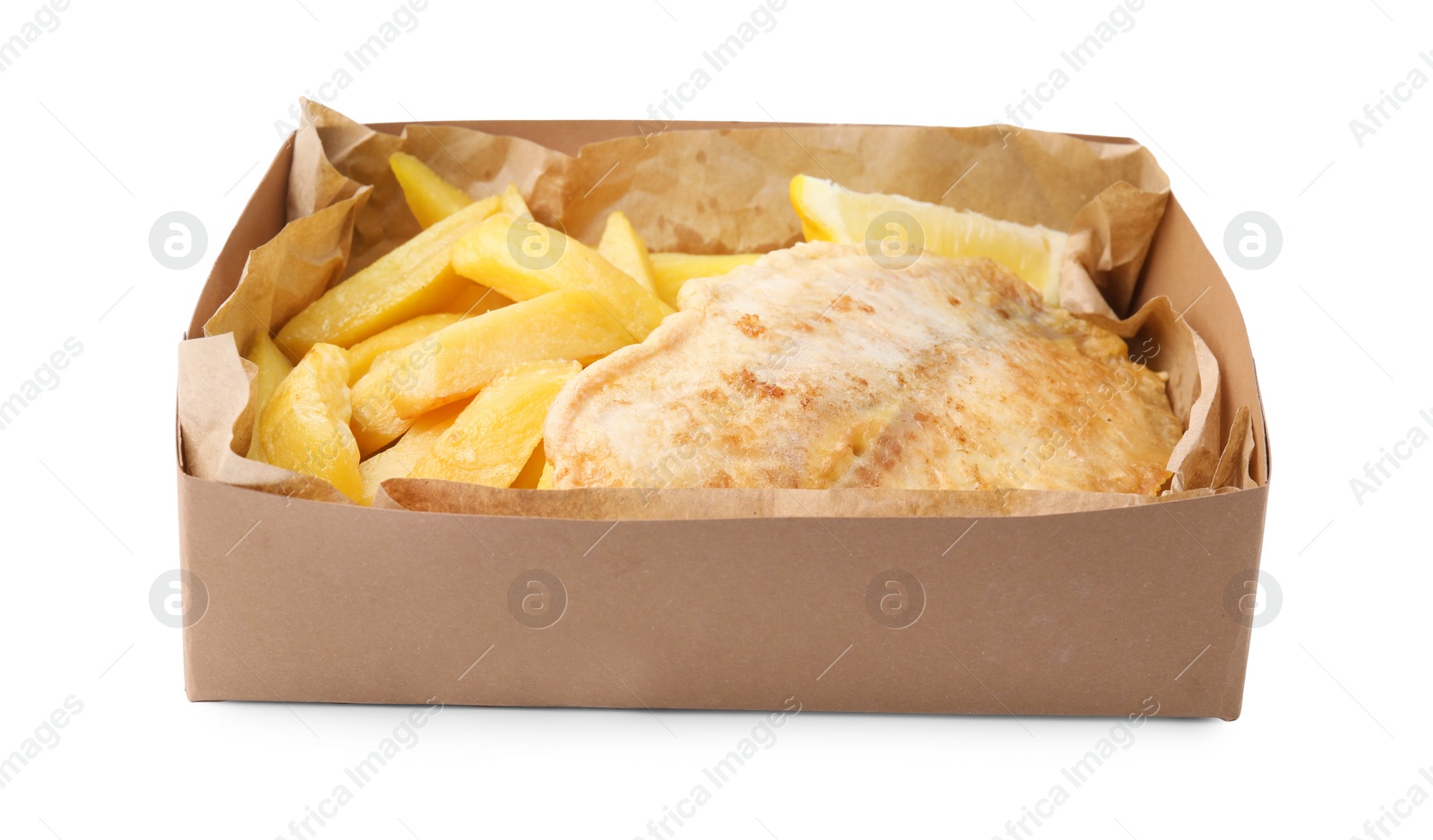 Photo of Delicious fish and chips in paper box isolated on white