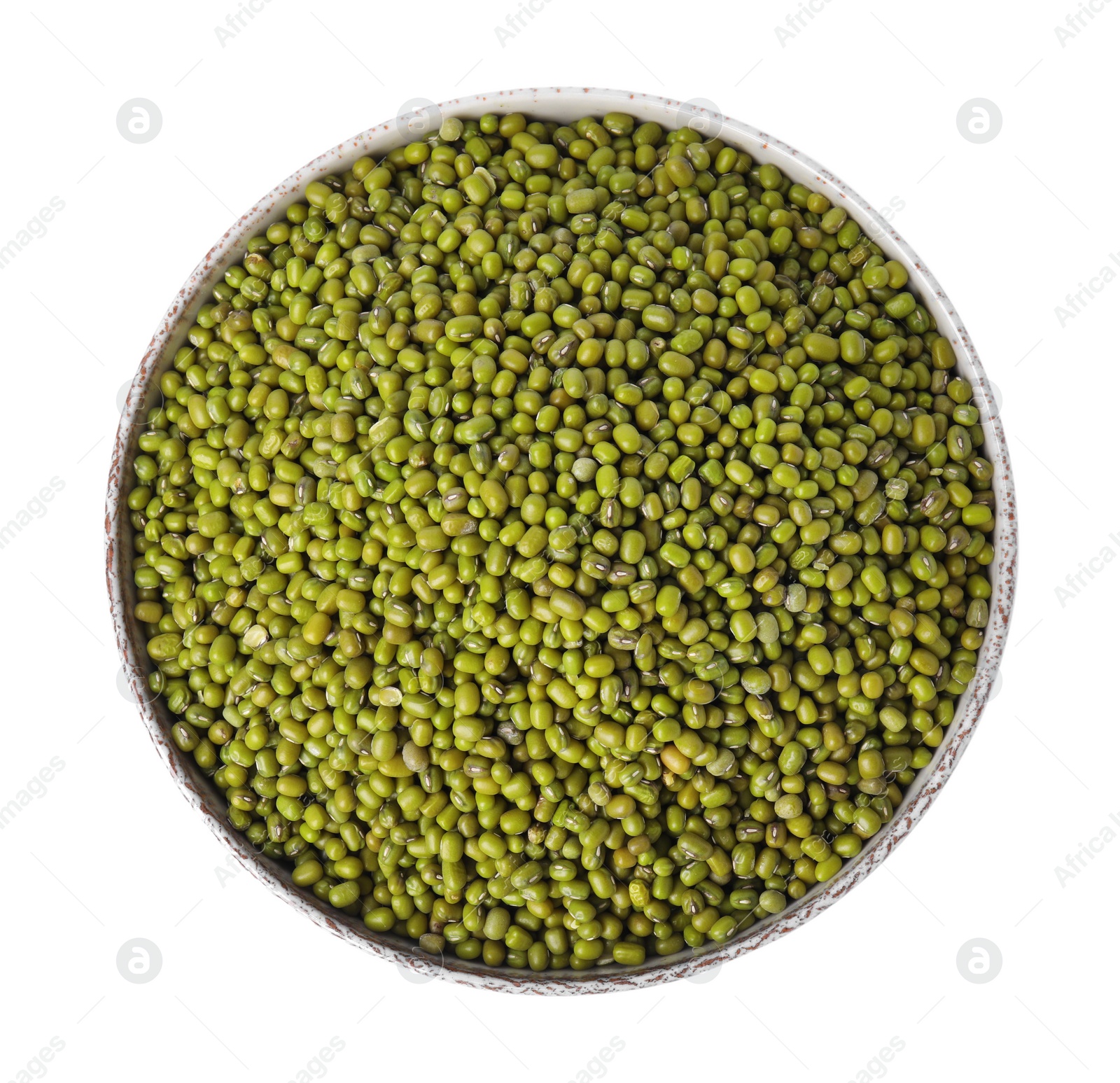 Photo of Bowl with fresh mung beans isolated on white, top view