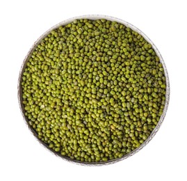 Photo of Bowl with fresh mung beans isolated on white, top view