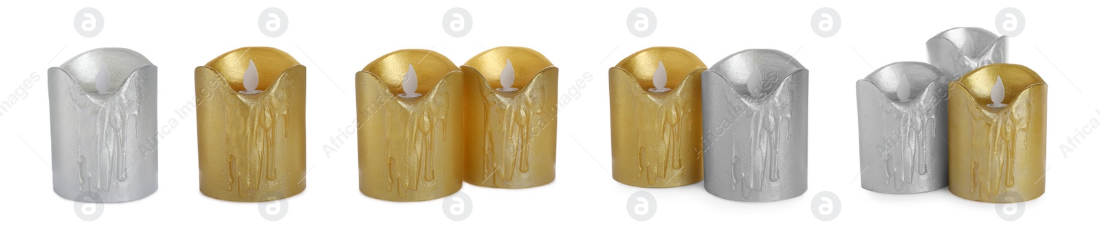 Image of Set with decorative flameless LED candles on white background. Banner design