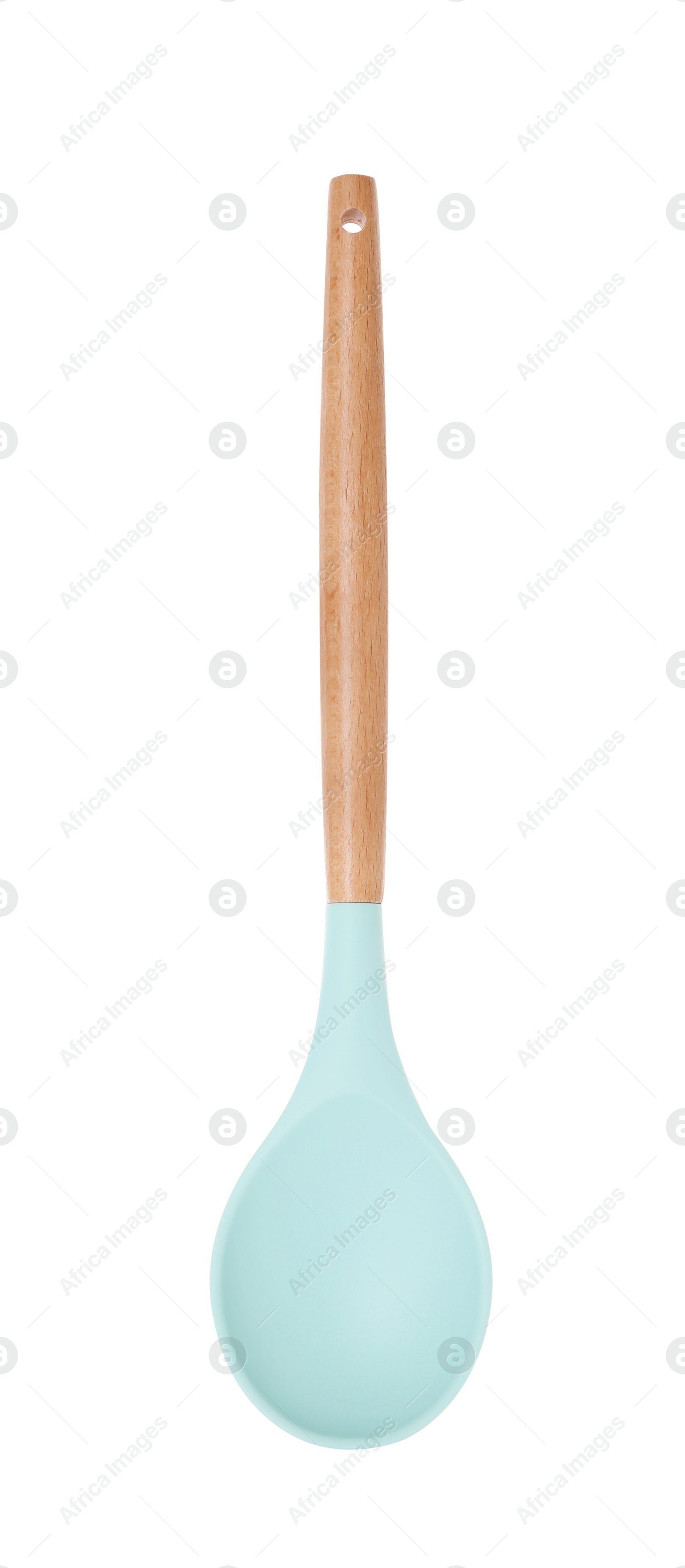 Photo of Spoon with wooden handle isolated on white. Kitchen utensil