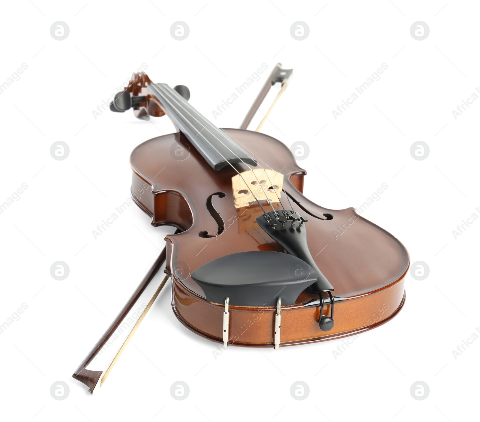 Photo of Beautiful classic violin and bow on white background. Musical instrument