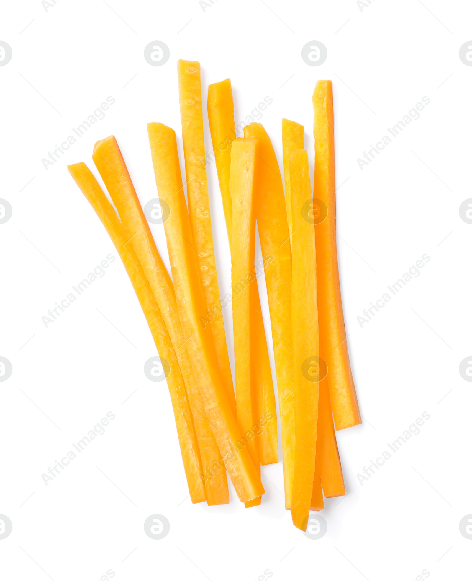 Photo of Pile of delicious carrot sticks isolated on white, top view