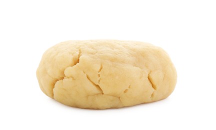 Photo of Making shortcrust pastry. Raw dough isolated on white