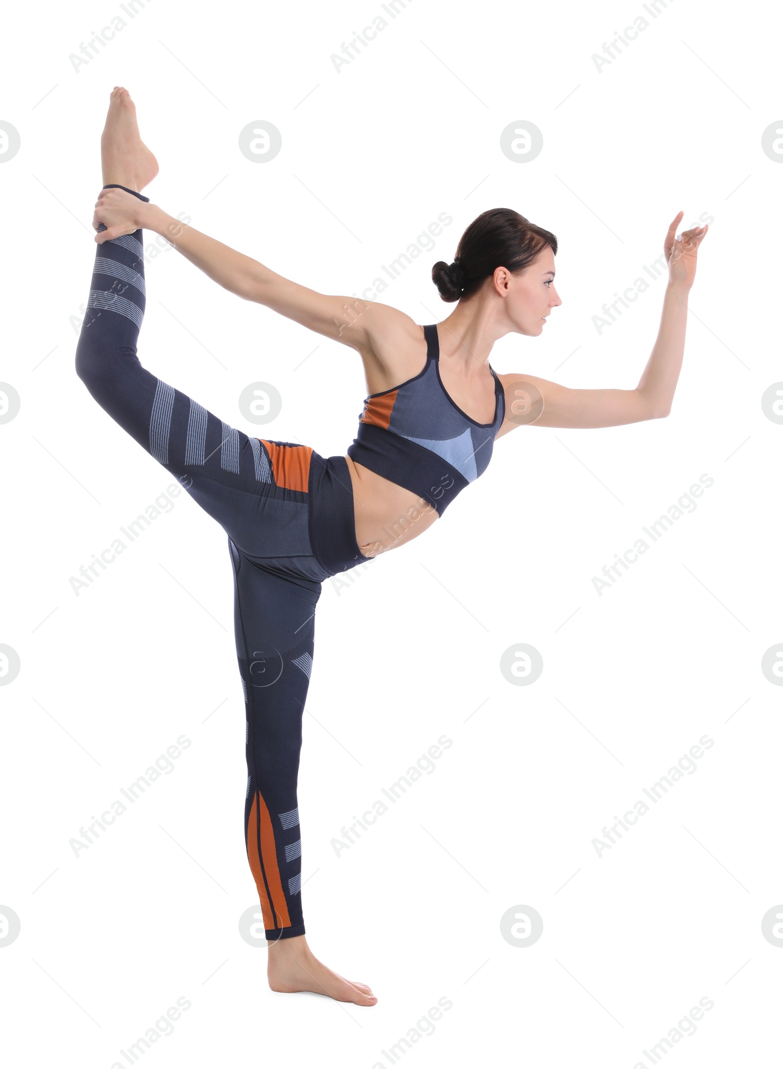 Photo of Professional young acrobat exercising on white background