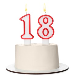 Photo of 18th birthday. Delicious cake with number shaped candles for coming of age party isolated on white