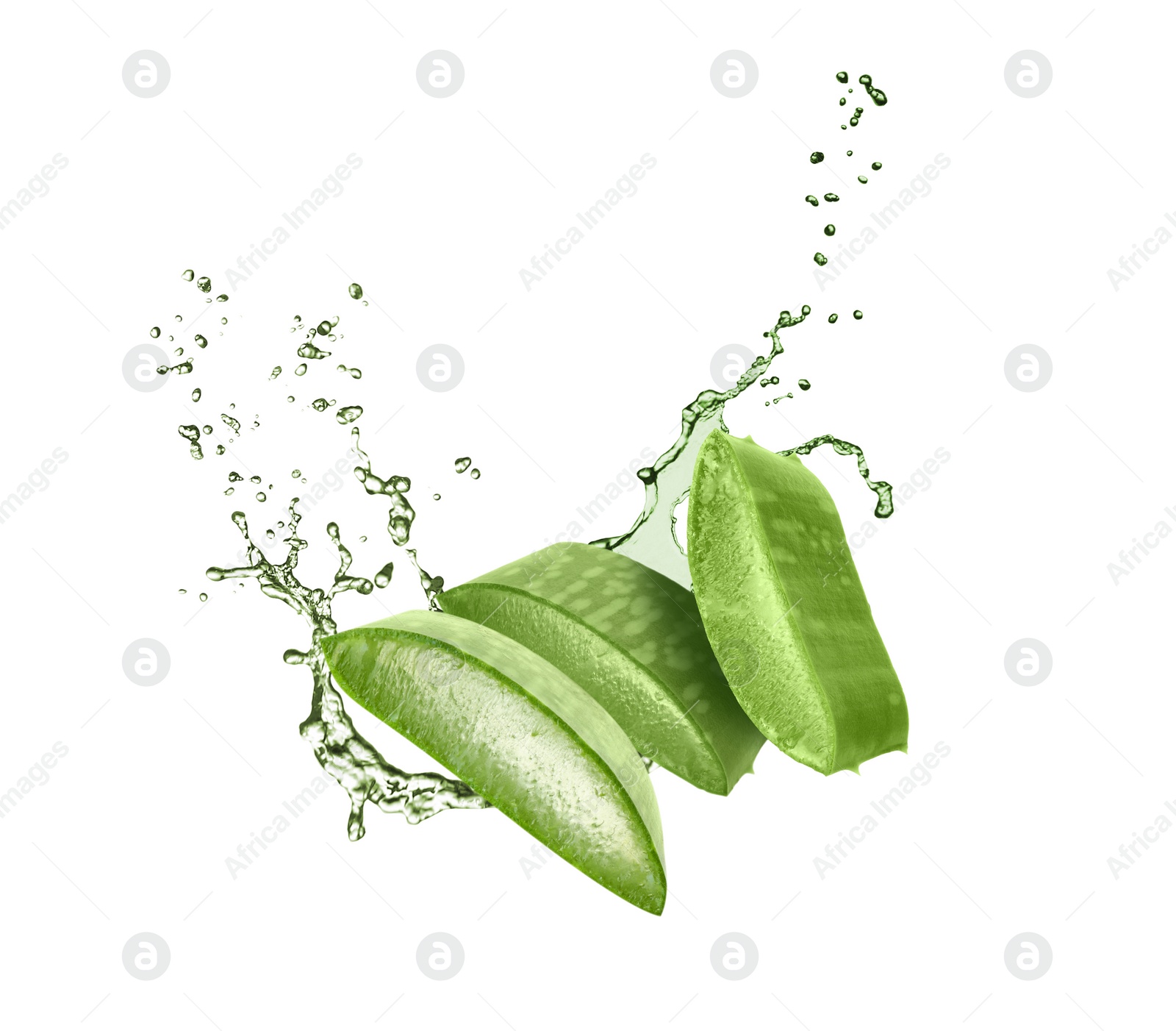 Image of Sliced aloe vera leaf and splashes of juice on white background