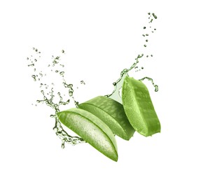 Image of Sliced aloe vera leaf and splashes of juice on white background