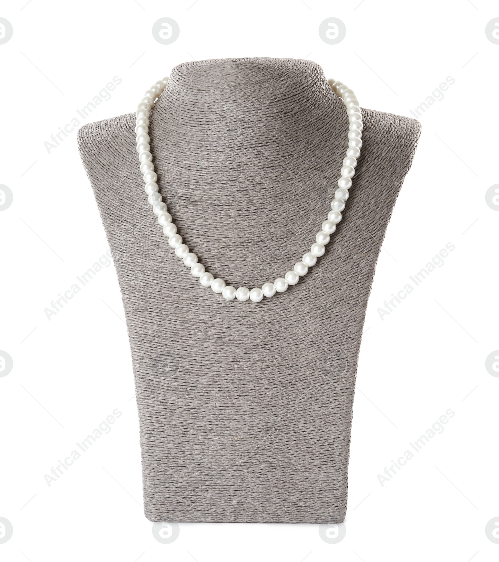 Photo of Stylish pearl necklace on jewelry bust against white background