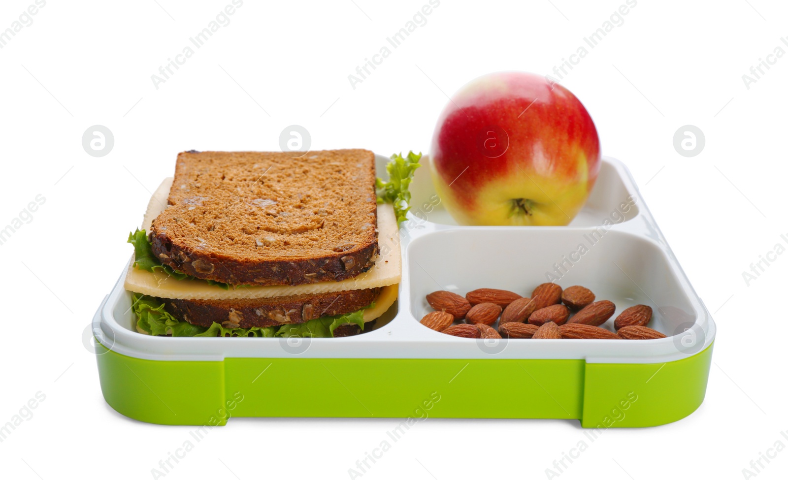 Photo of Lunch box with appetizing food on white background