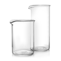 Photo of Clean empty glass beakers on white background