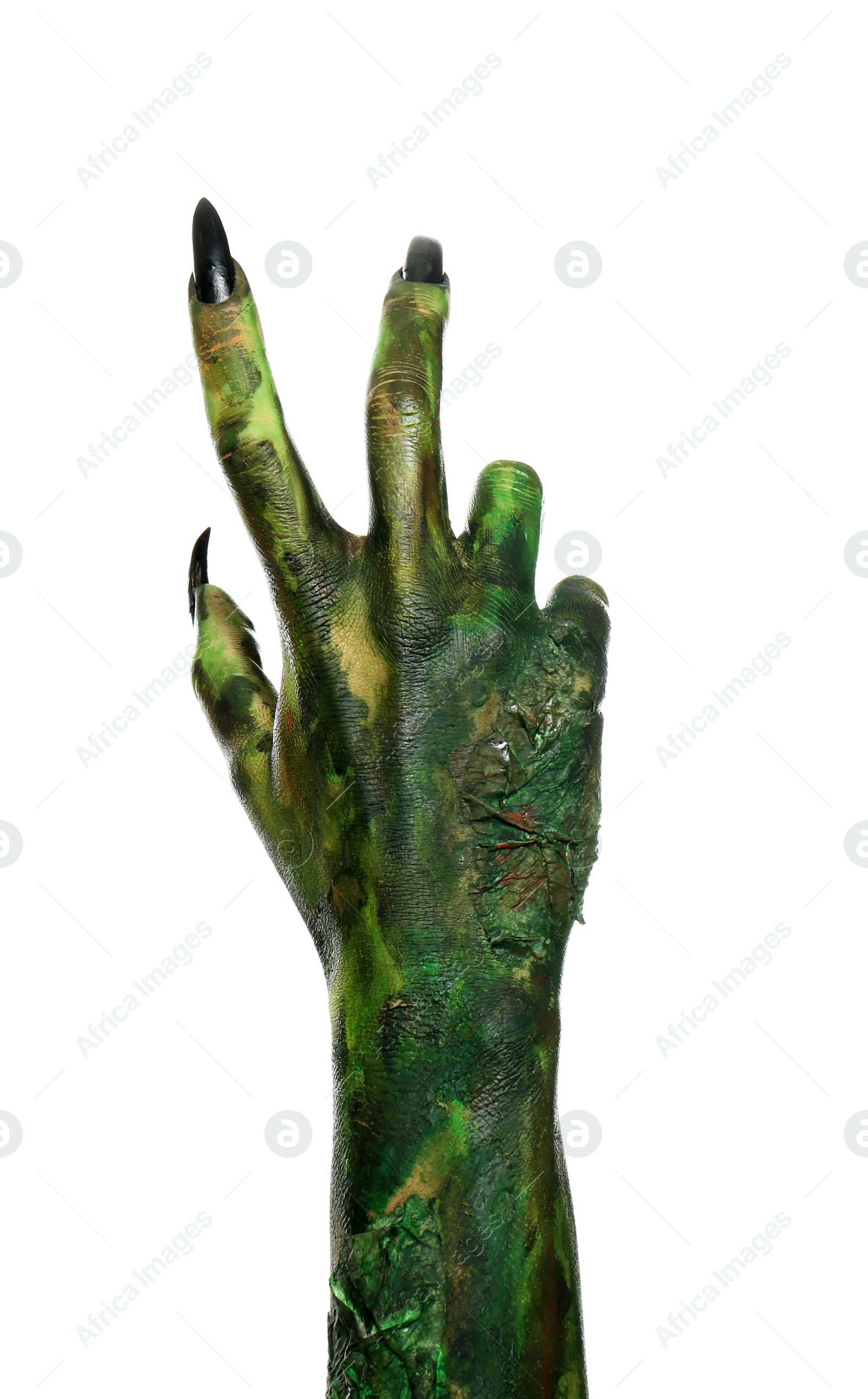 Photo of Scary monster on white background, closeup of hand. Halloween character