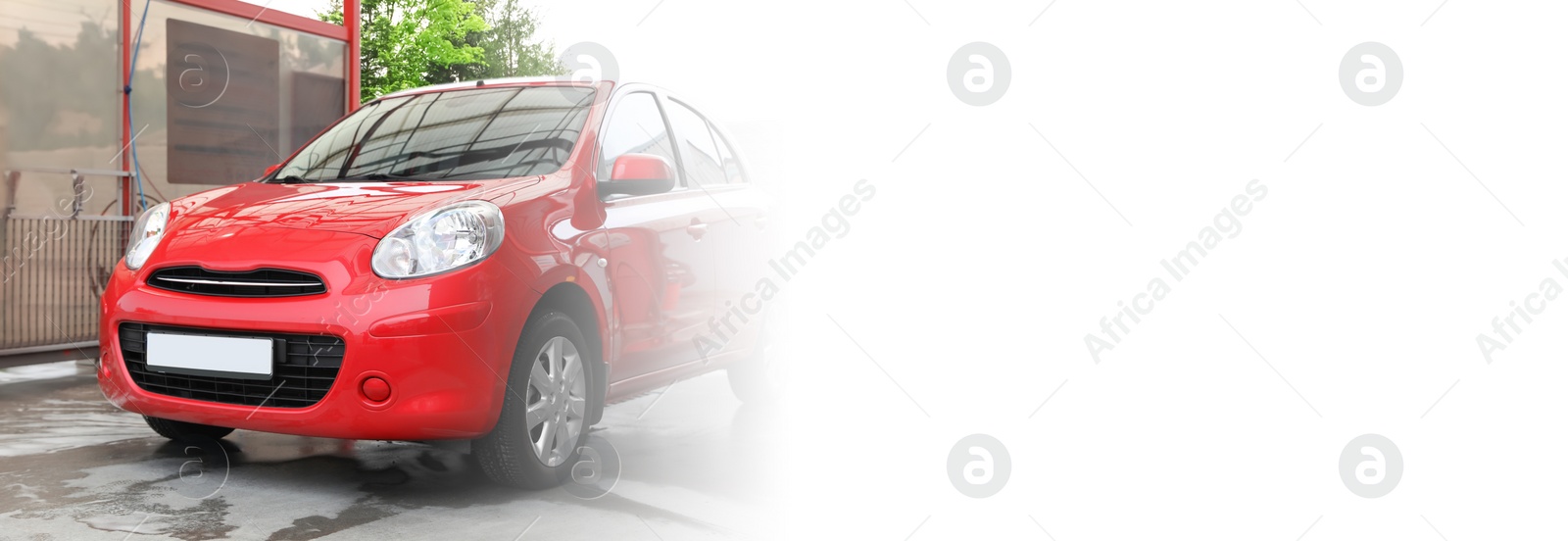 Image of Red auto at car wash, space for text. Banner design