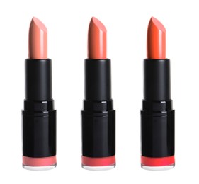 Set with different beautiful lipsticks on white background