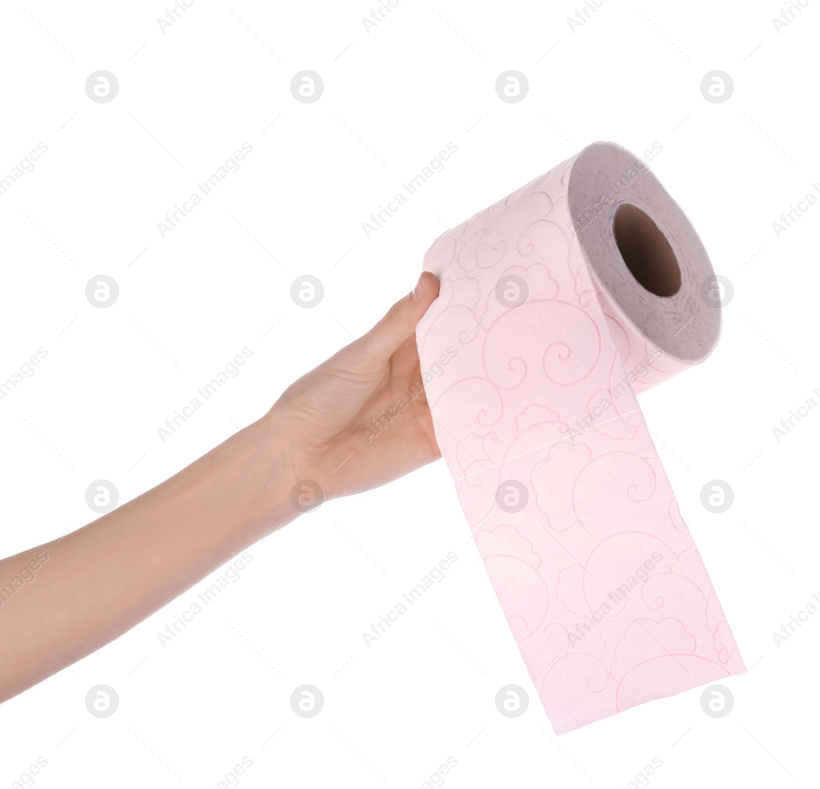 Photo of Woman holding roll of toilet paper on white background. Personal hygiene