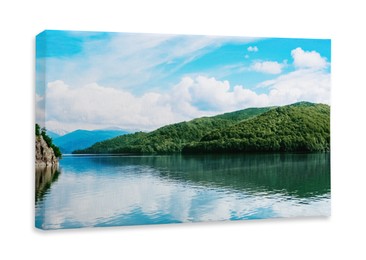 Image of Photo printed on canvas, white background. Picturesque view of beautiful lake surrounded by mountains on sunny day