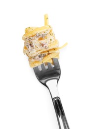 Photo of Fork with tasty pasta isolated on white, top view