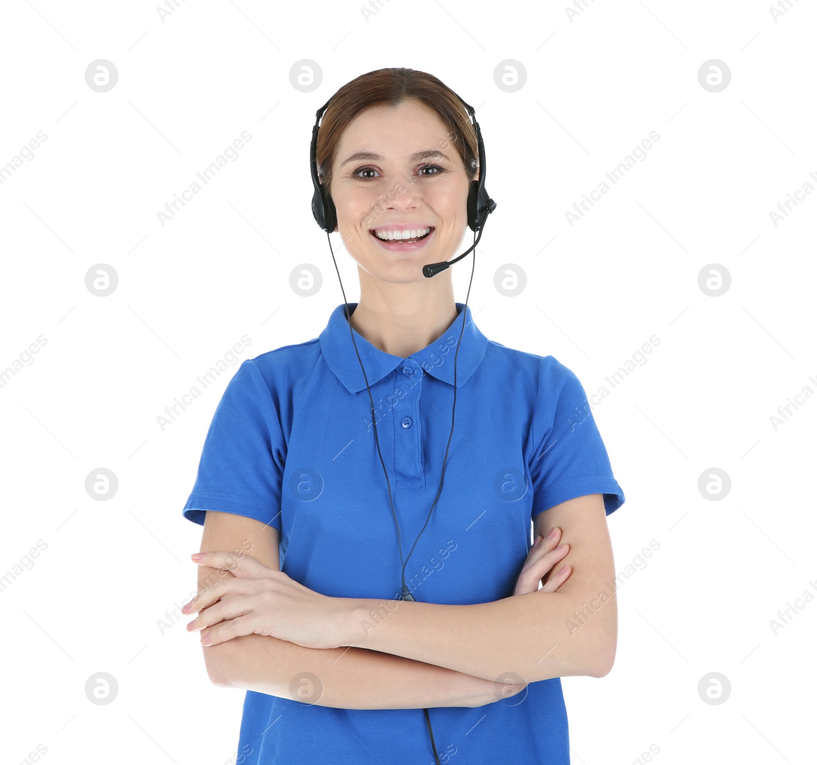 Photo of Female technical support operator with headset isolated on white