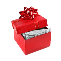 Photo of Gift box with dollar banknotes on white background