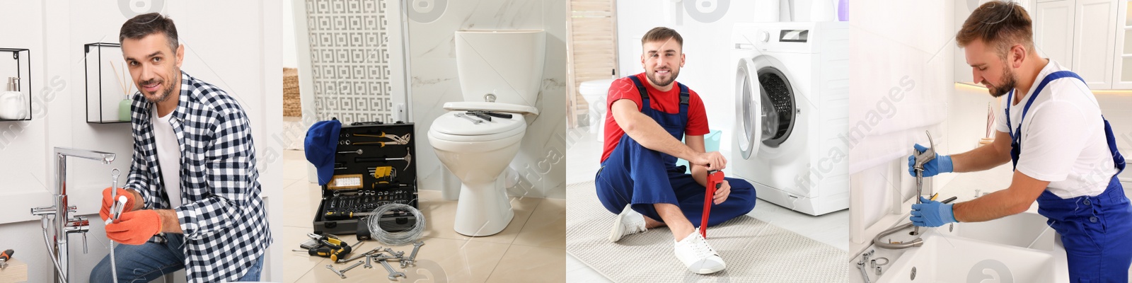 Image of Collage with photos of professional plumbers and their tools, banner design