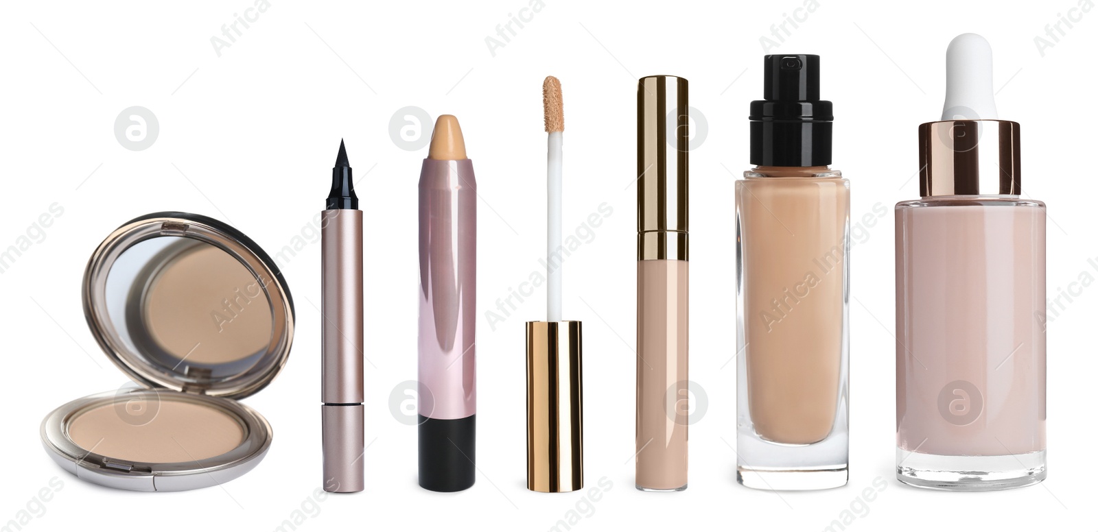 Image of Set with different decorative cosmetic products on white background. Banner design