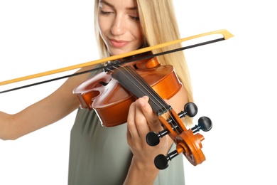 Beautiful woman playing violin on white background, closeup