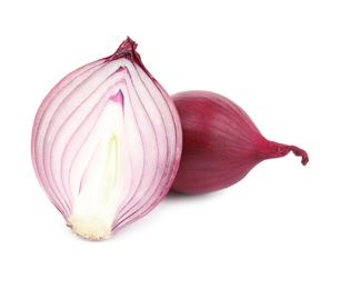 Fresh whole and cut red onions on white background