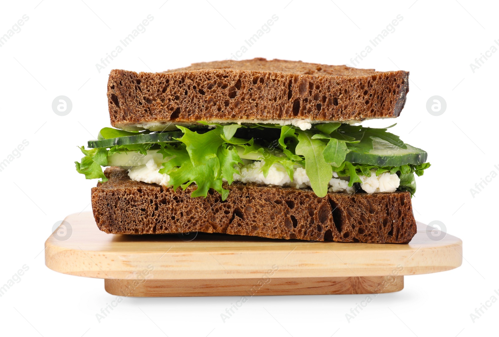 Photo of Tasty sandwich with cream cheese, cucumber and greens on white background