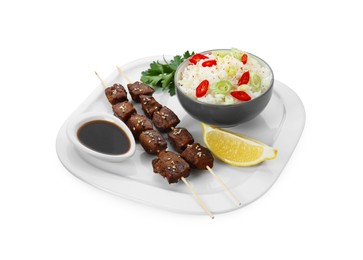 Tasty chicken meat glazed in soy sauce served with rice isolated on white